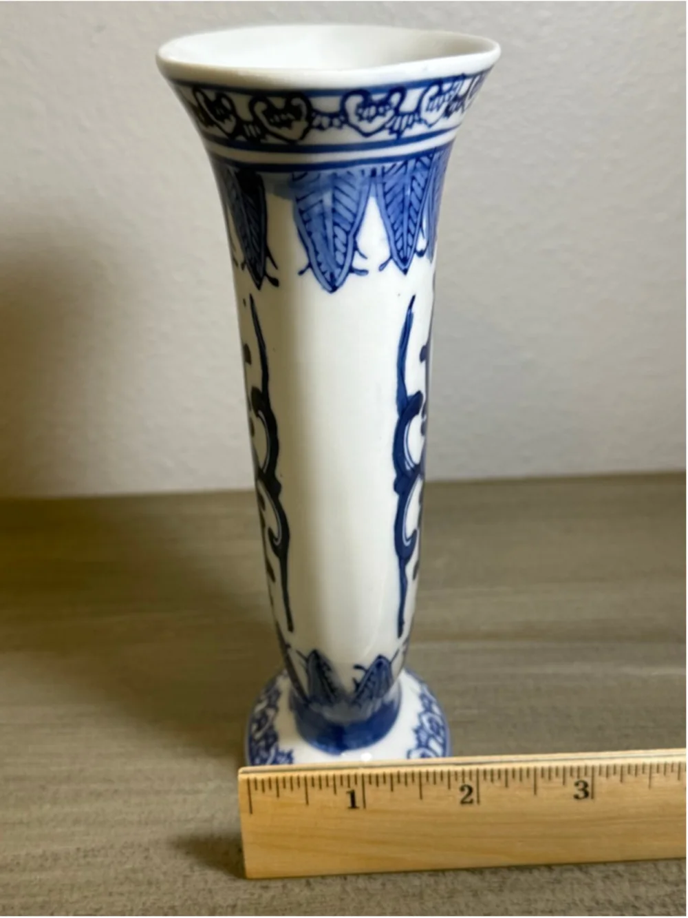 Vintage Japanese Porcelain Vase Decorated in Blue White Floral Trumpet Shape